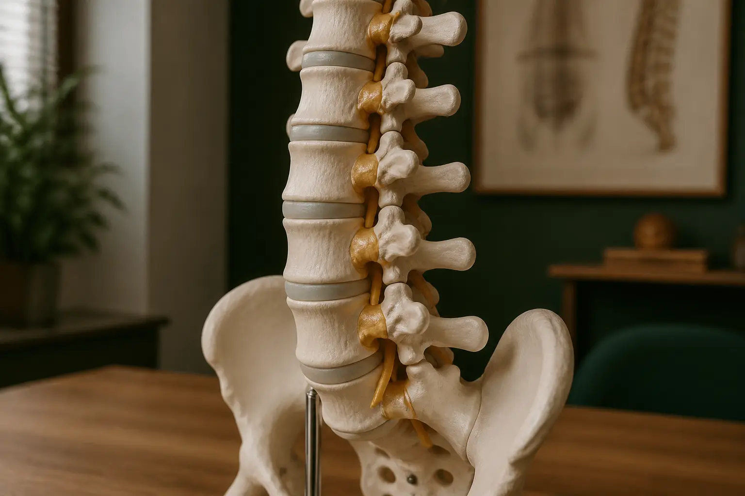 Consultation médicale avec modèle de colonne lombaire montrant l’arthrose zygapophysaire et les facettes articulaires