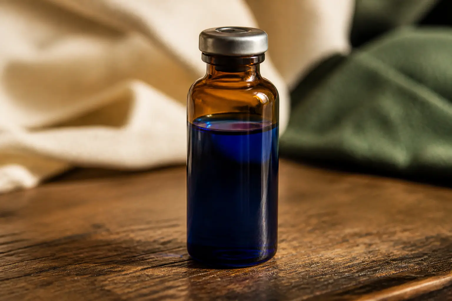 Flacon ambré de bleu de méthylène pharmacie sur comptoir en bois sombre, gros plan réaliste, lumière chaude douce