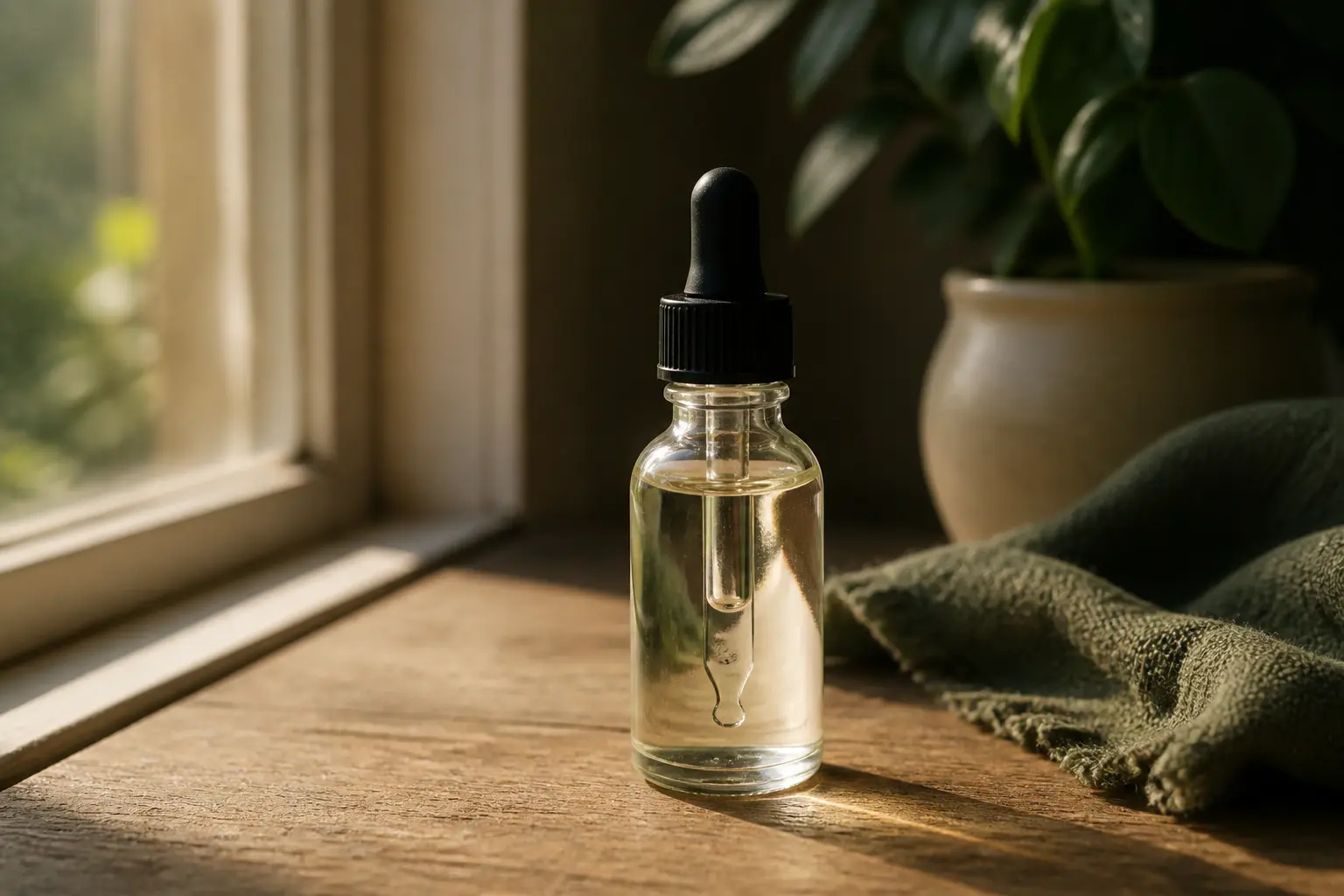 Flacon en verre d’huile cbd sans thc sur table en bois près d’une fenêtre, lumière naturelle douce