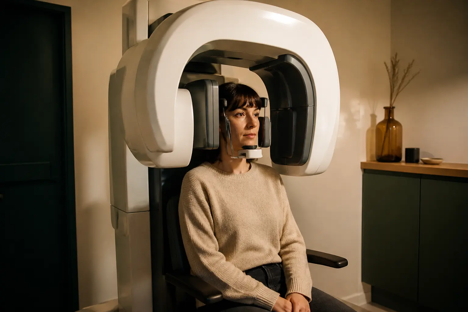 Cone beam dentaire dans une salle d’imagerie, scanner rotatif autour de la tête d’un patient, ambiance clinique douce