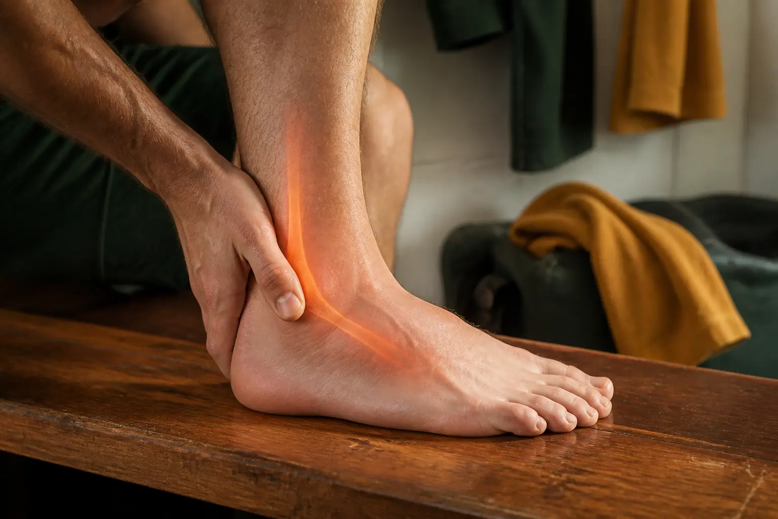 Douleur sur le côté extérieur du pied nerf sural, gros plan du pied et de la cheville sur un banc en vestiaire sportif.
