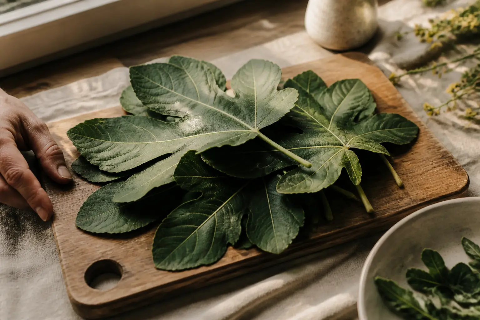 Feuilles figuier bienfaits : feuilles fraîches de figuier sur planche en bois, lumière chaude en cuisine naturelle