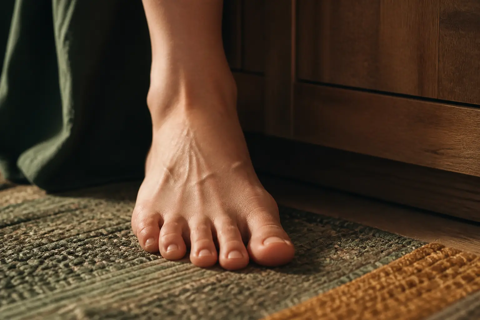 Pied nu sur tapis tissé dans une chambre, illustrant la forme des pieds en gros plan, lumière douce naturelle