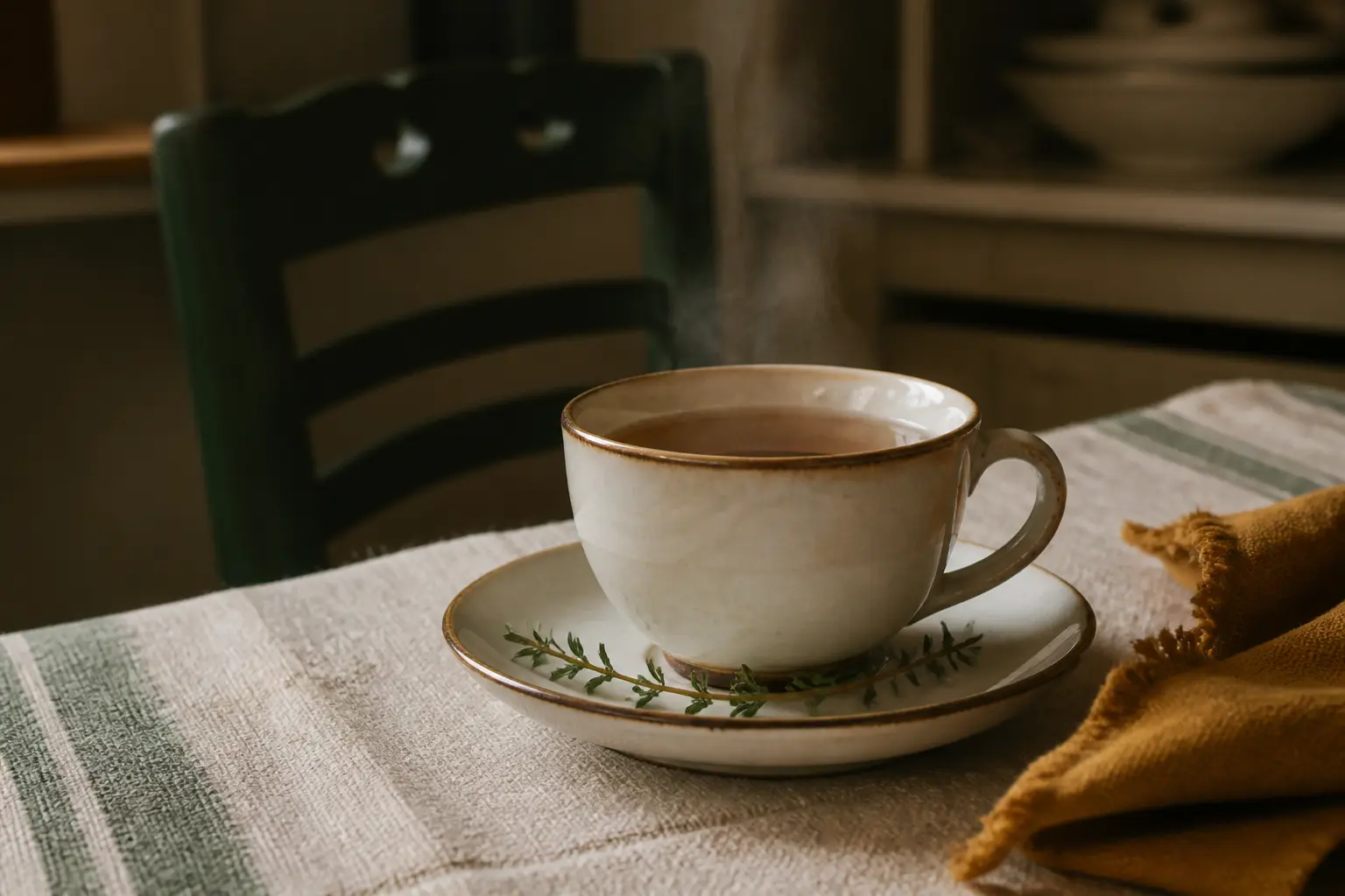 Tasse de tisane chaude sur table de cuisine, hernie hiatale remède de grand-mère après le dîner, ambiance chaleureuse