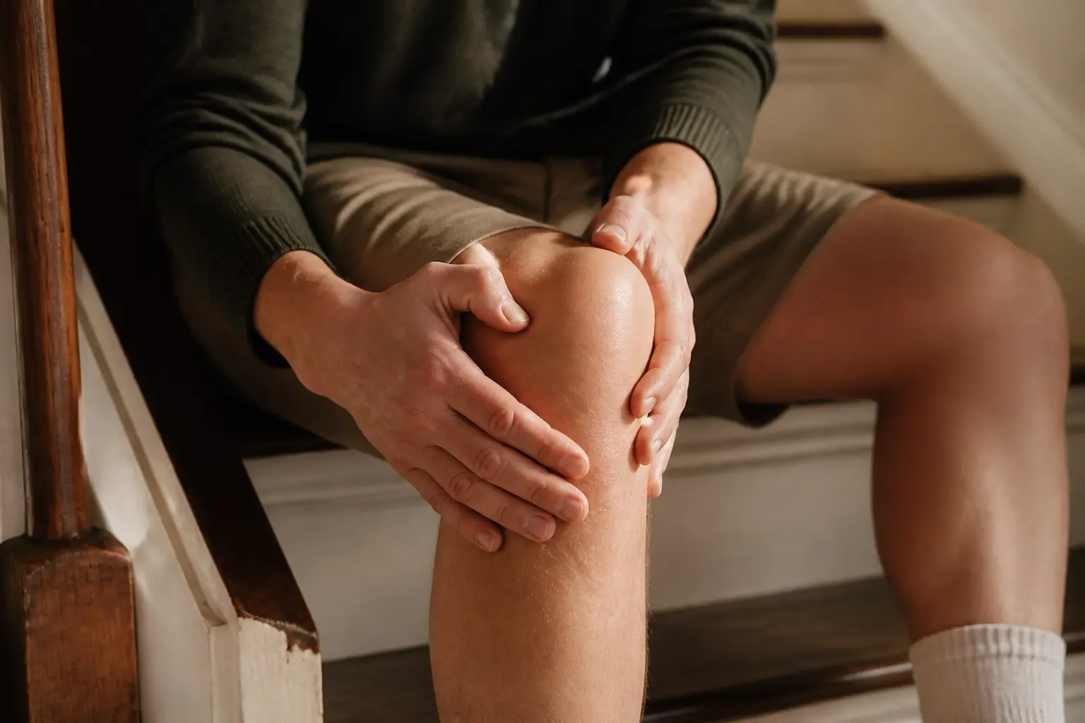 Genou plié avec main sur l’articulation, mal au genou quand je le plie et déplie, sur un palier d’escalier chaleureux