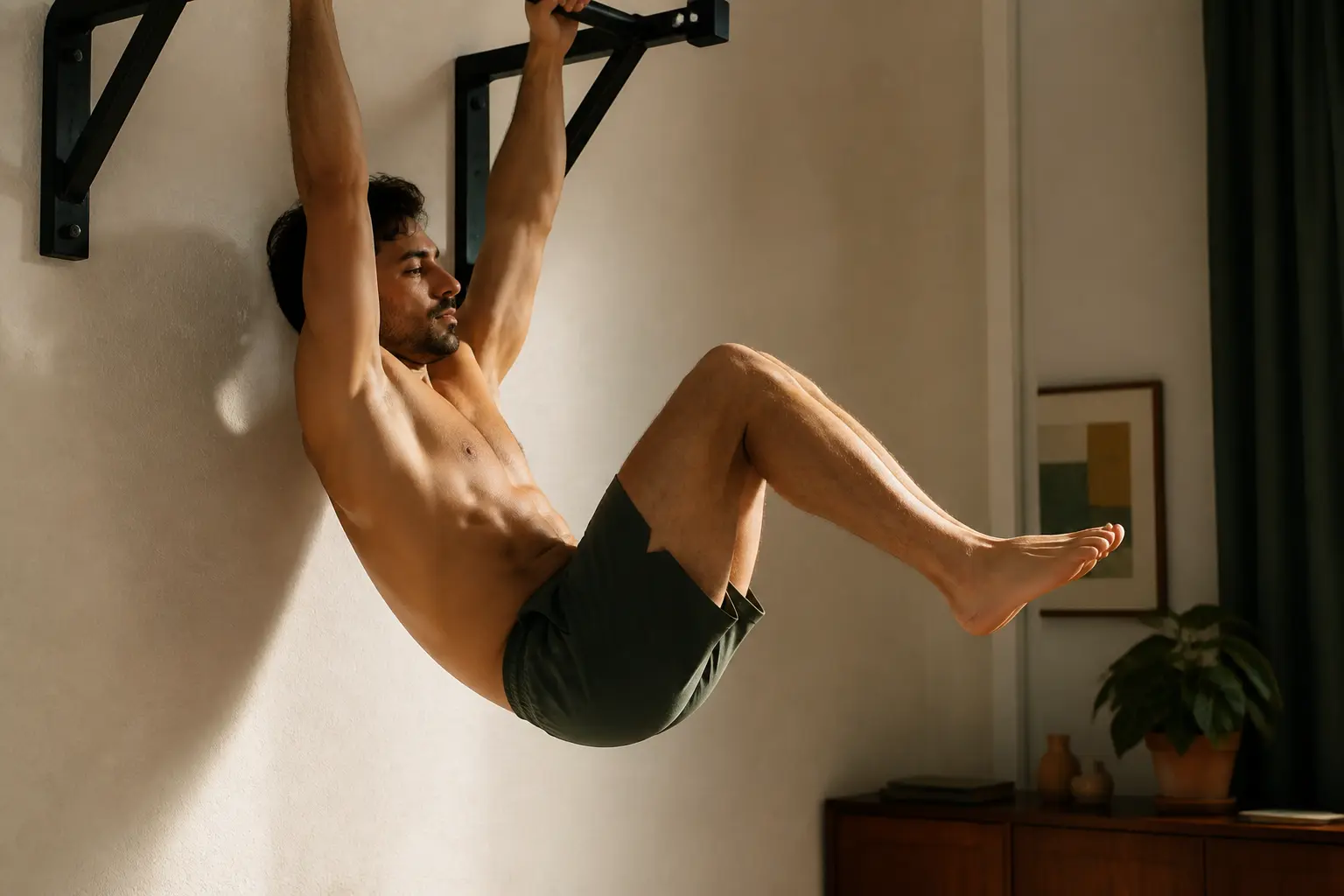 Relevé de jambes en suspension à la barre de traction, dans un coin fitness minimaliste à la maison, vue de côté.