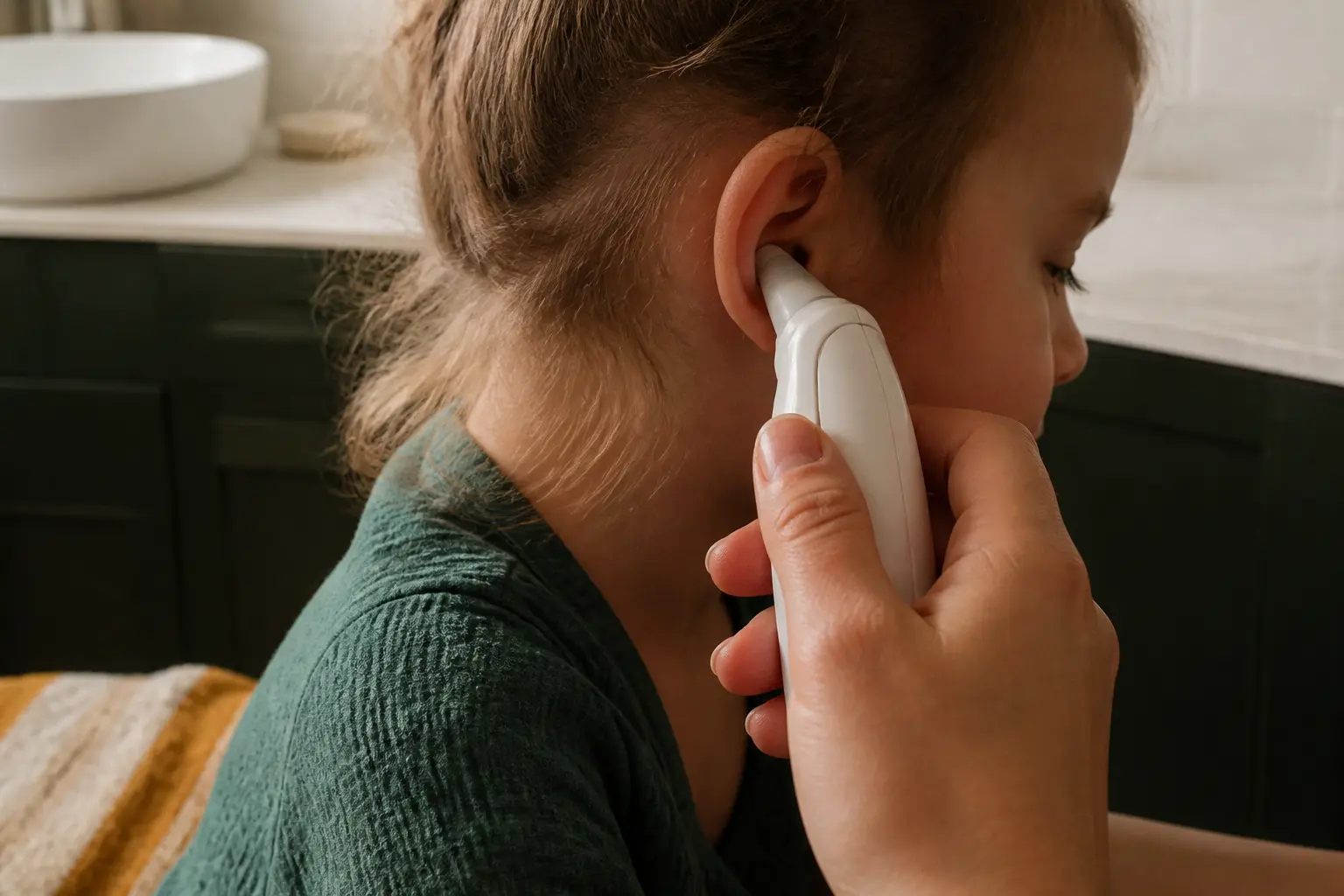 Thermomètre auriculaire placé dans l’oreille d’un enfant, gros plan dans une salle de bain chaleureuse.
