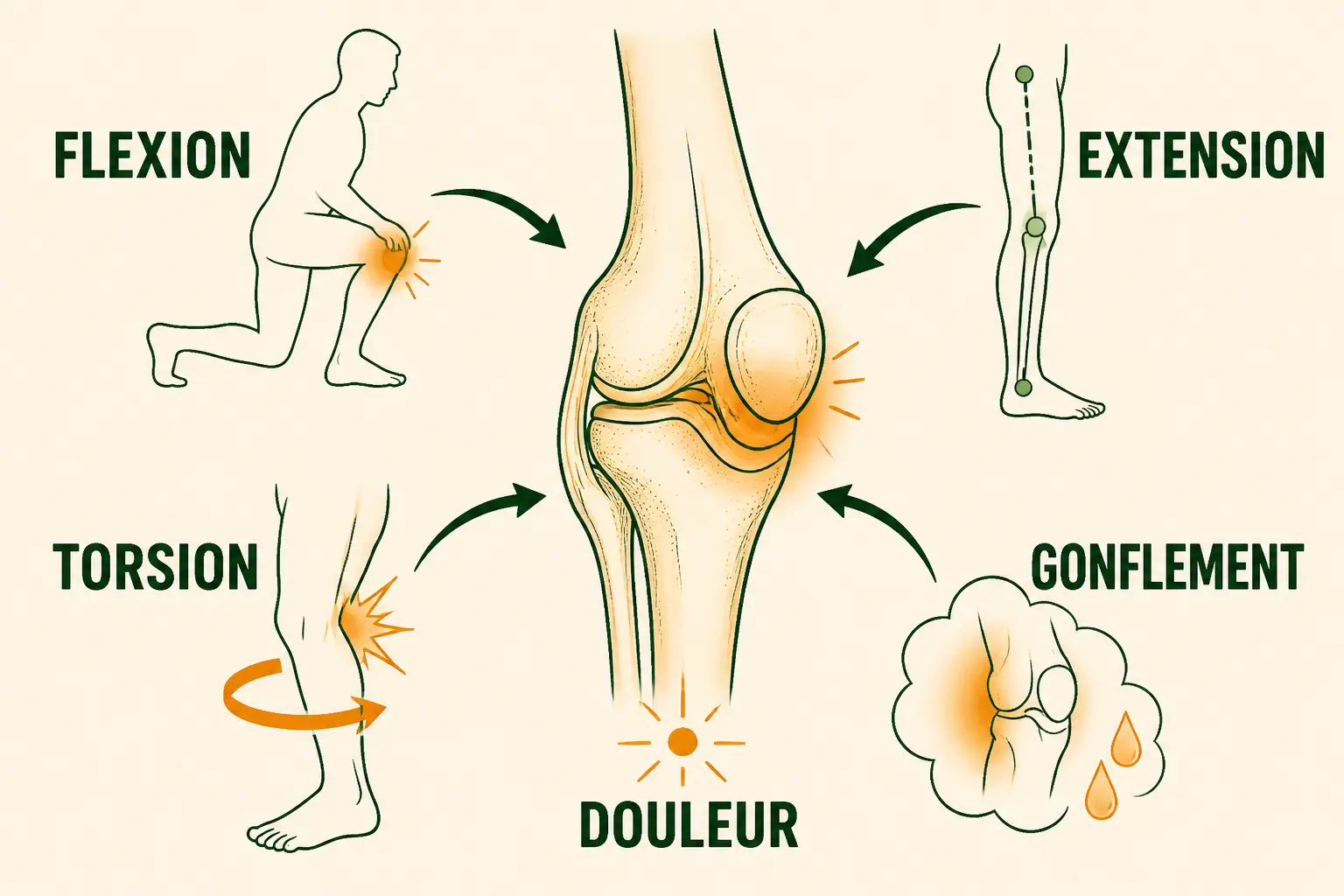 Infographie du mal au genou quand je le plie et déplie : flexion, extension, torsion et gonflement.