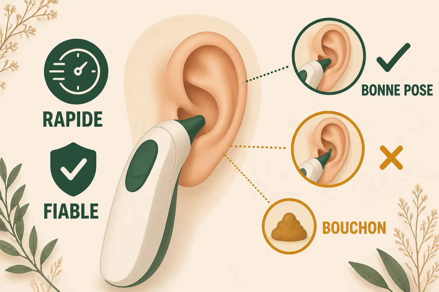 Thermomètre auriculaire dans une oreille, pose correcte, bouchon signalé et mesure rapide fiable.