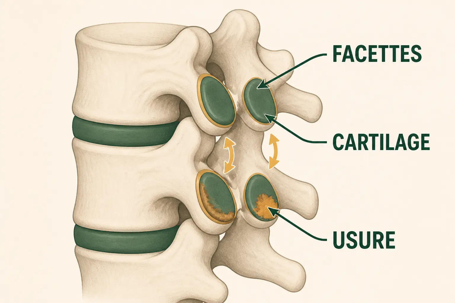 Schéma médical de l’arthrose zygapophysaire : facettes lombaires, cartilage et usure.
