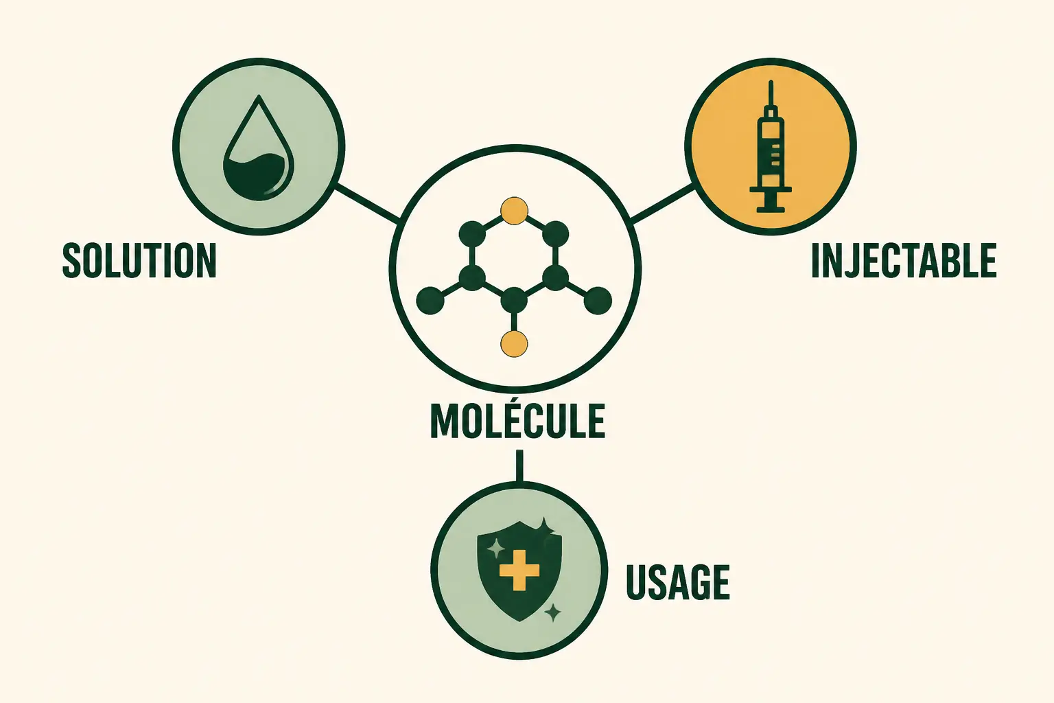 Schéma comparatif du bleu de méthylène pharmacie : molécule centrale, solution, injectable et usage.