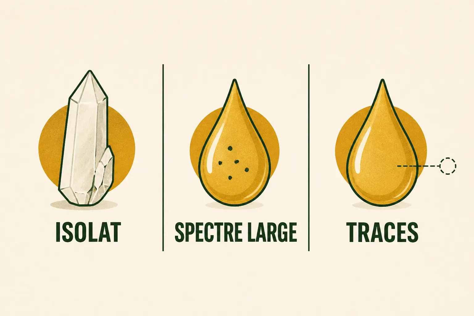 Comparaison visuelle du cbd sans thc : isolat, spectre large et huile à traces de THC.