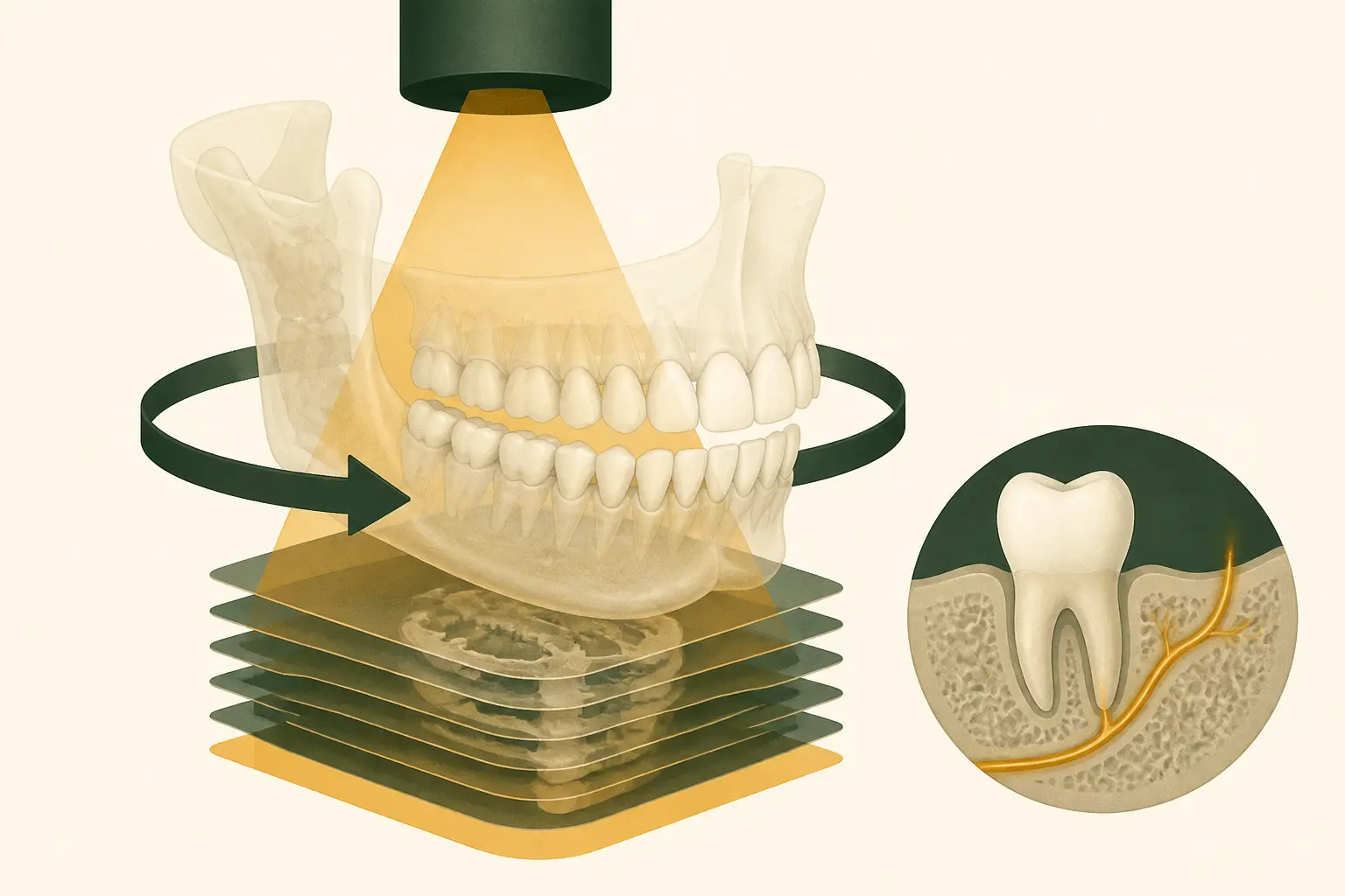Cone beam dentaire : mâchoire en 3D avec faisceau conique et coupe volumique, plus un zoom sur une dent.