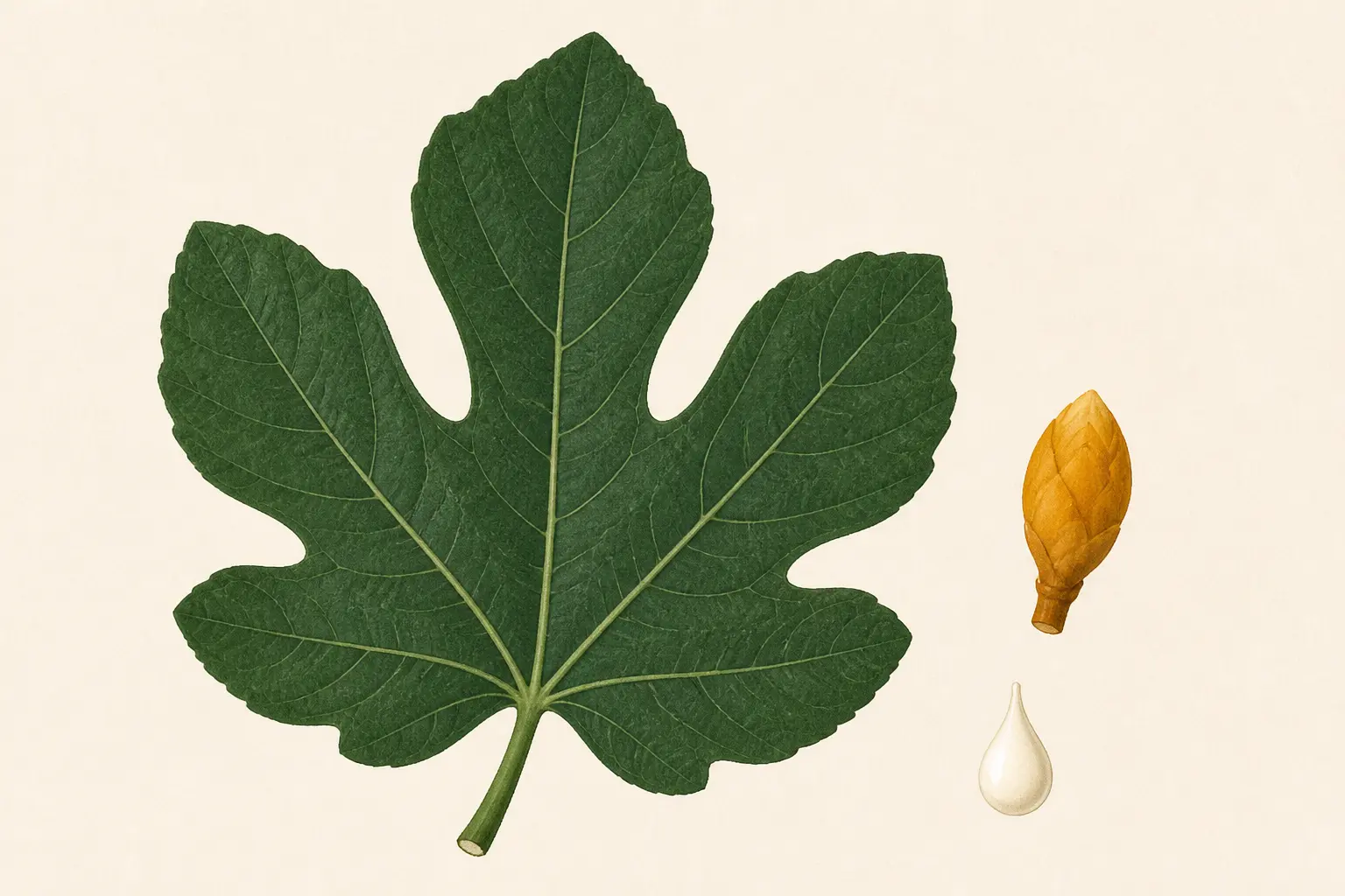 Feuille de figuier, bourgeon et goutte de latex, illustration botanique sur les feuilles figuier bienfaits.