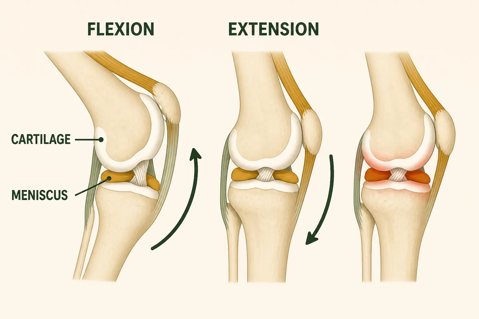 Schéma du genou en flexion et extension pour comprendre un mal au genou quand je le plie et déplie.