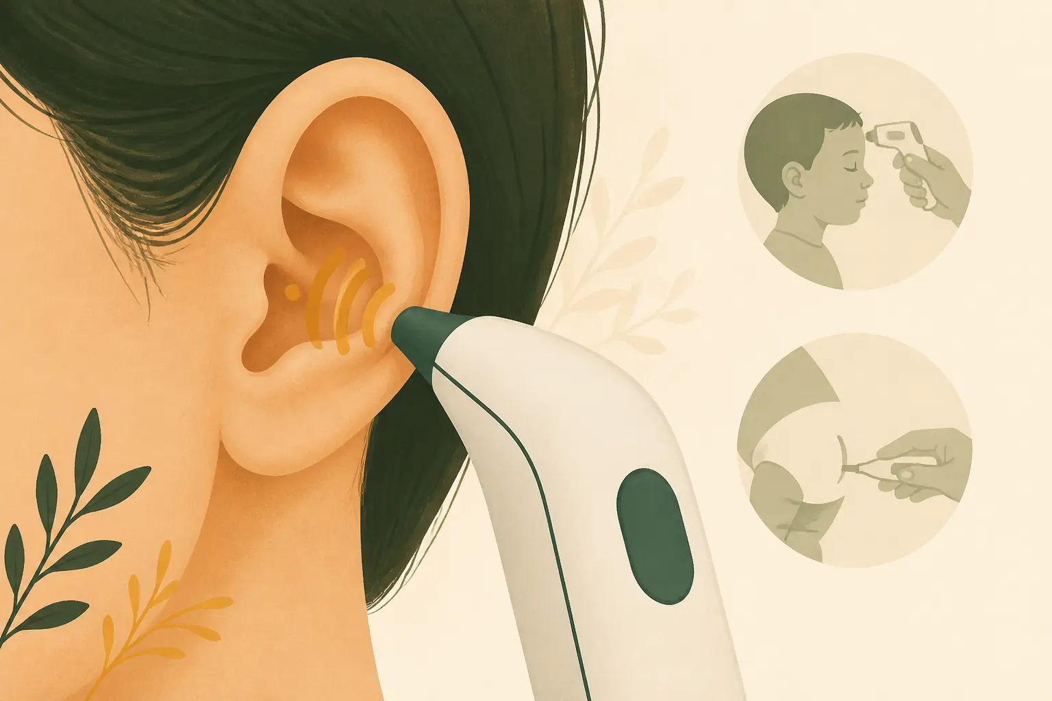 Thermomètre auriculaire près du conduit auditif, ondes infrarouges et icônes discrètes des autres méthodes