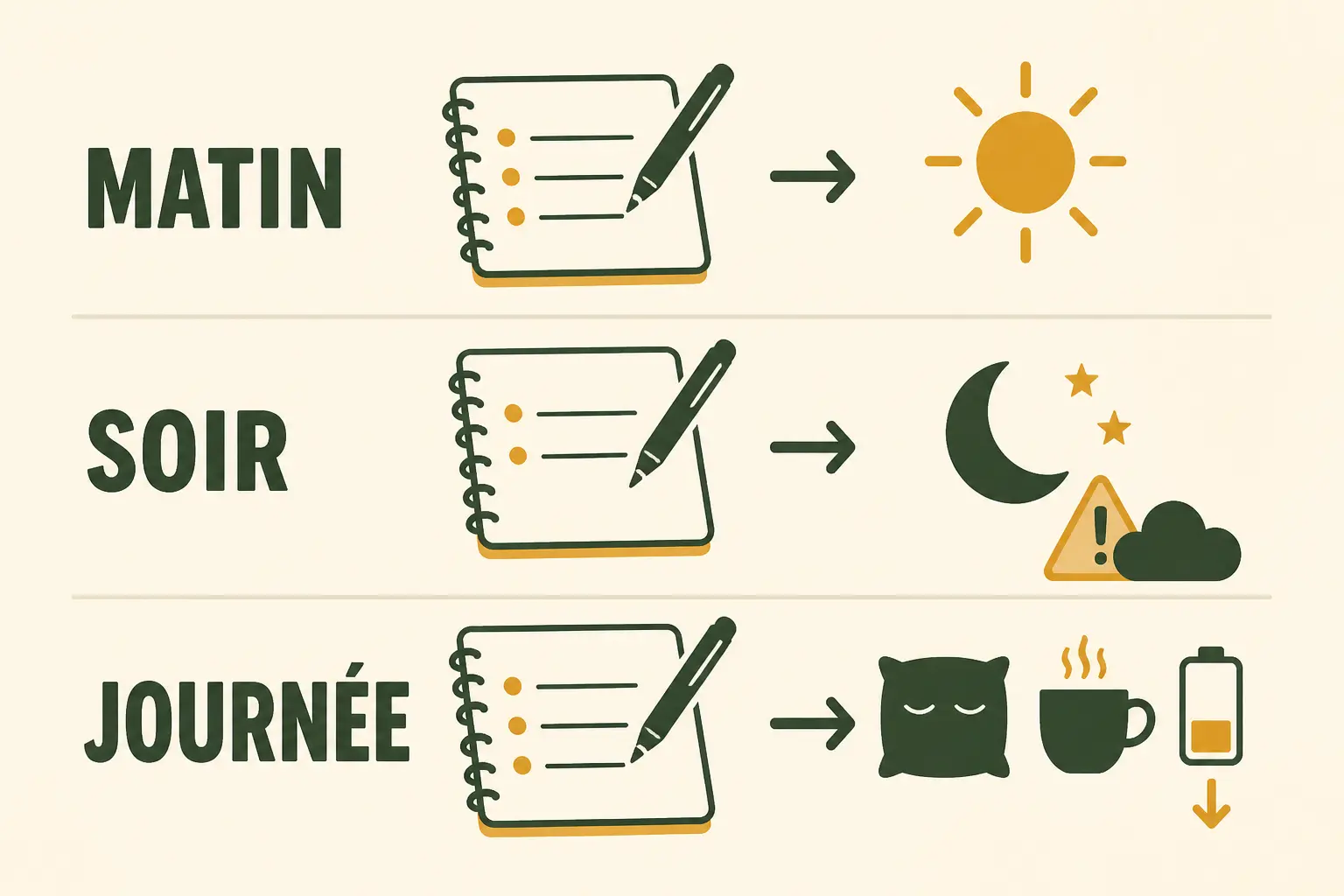 Agenda du sommeil minimaliste avec trois étapes : matin, soir et journée, notes de sommeil et icônes simples.