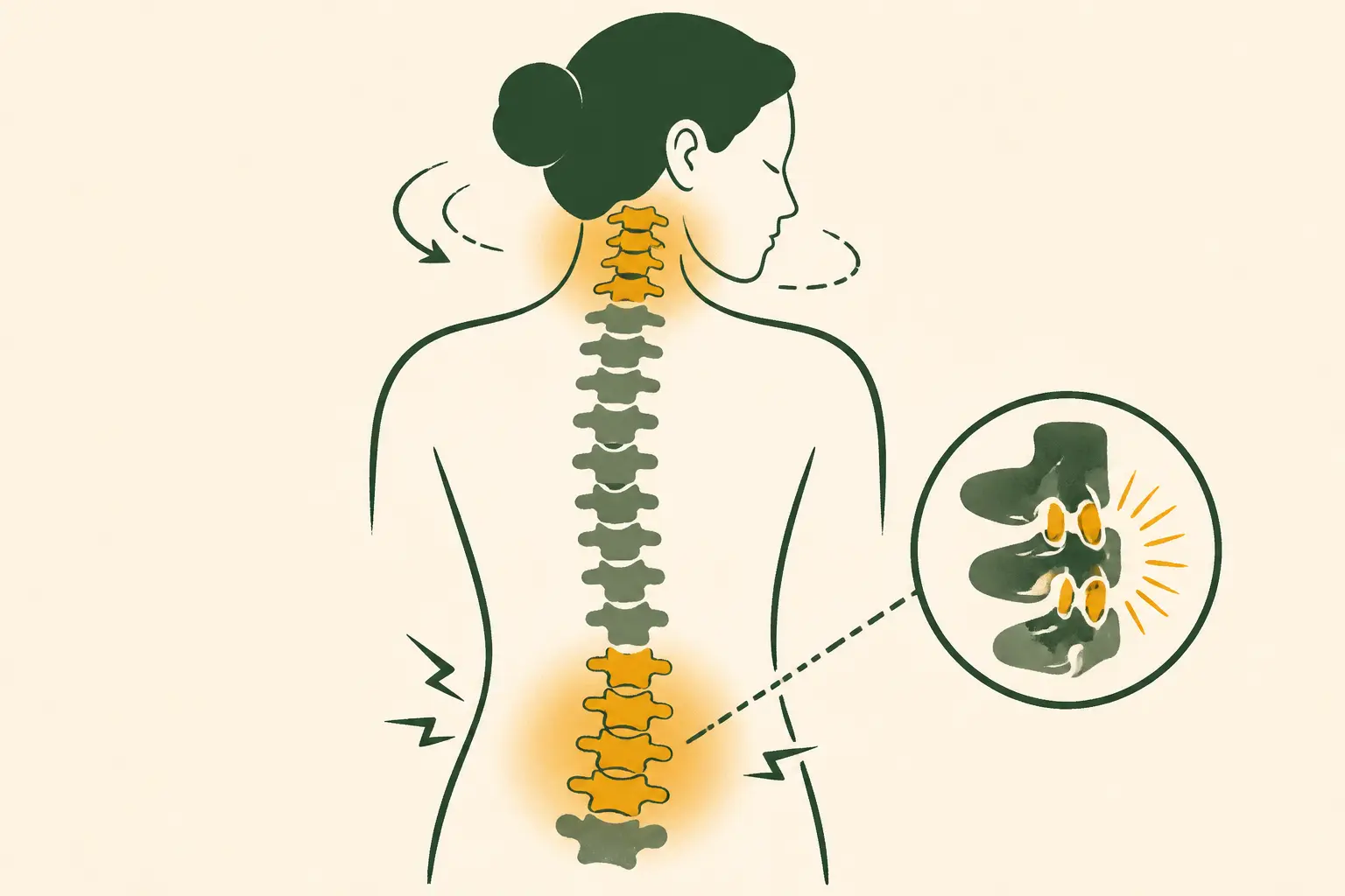 Illustration médicale minimaliste de l’arthrose zygapophysaire avec cou et bas du dos surlignés, facettes irritées.