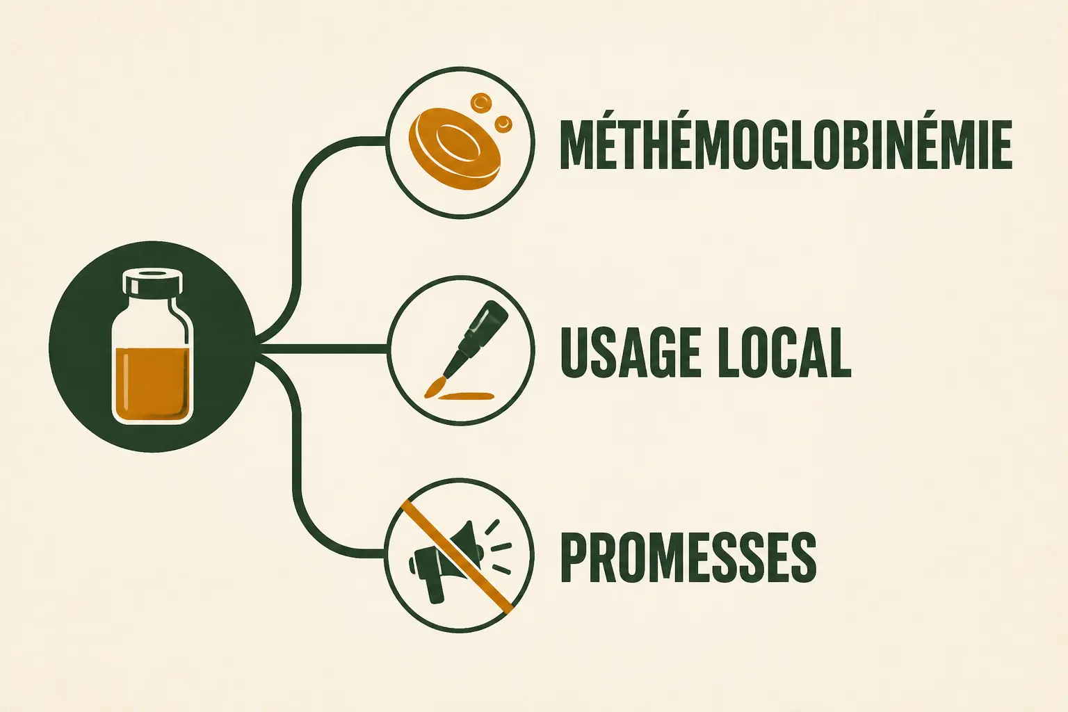 Infographie sur le bleu de méthylène pharmacie : trois usages reconnus et les promesses exagérées barrées.