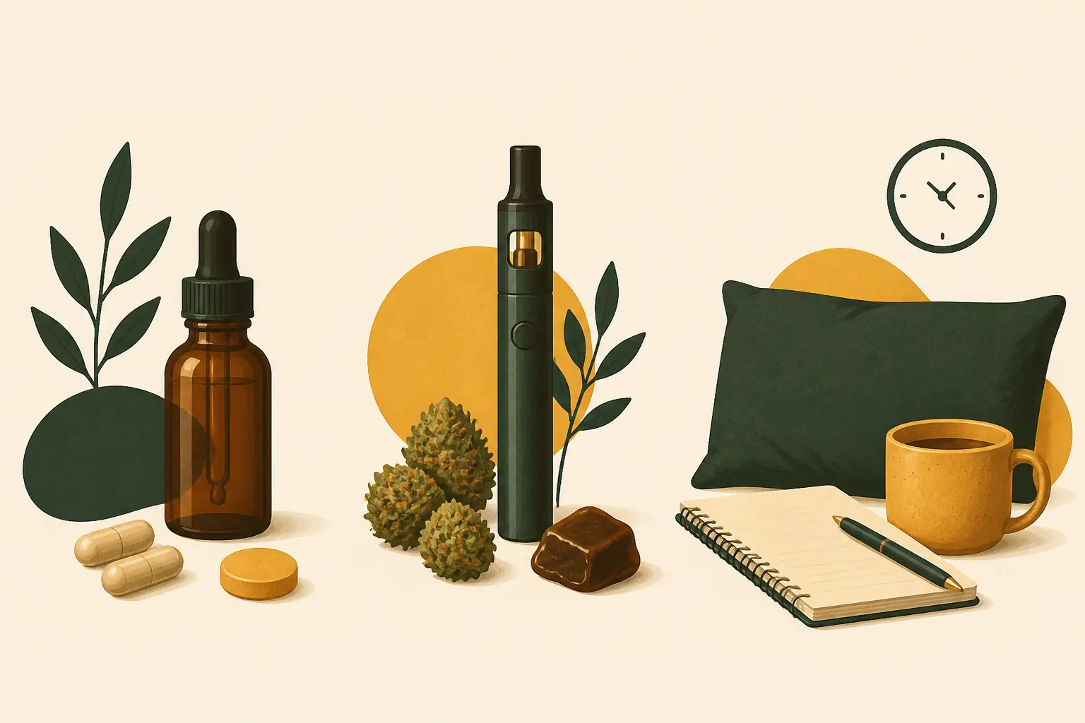 cbd sans thc : comparaison de trois formats, gouttes, capsules, vape pen et éléments de détente