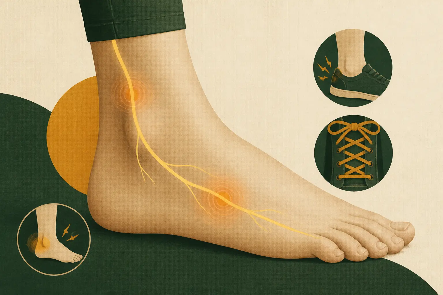 Douleur sur le côté extérieur du pied nerf sural : schéma du trajet nerveux irrité à l’extérieur de la cheville.