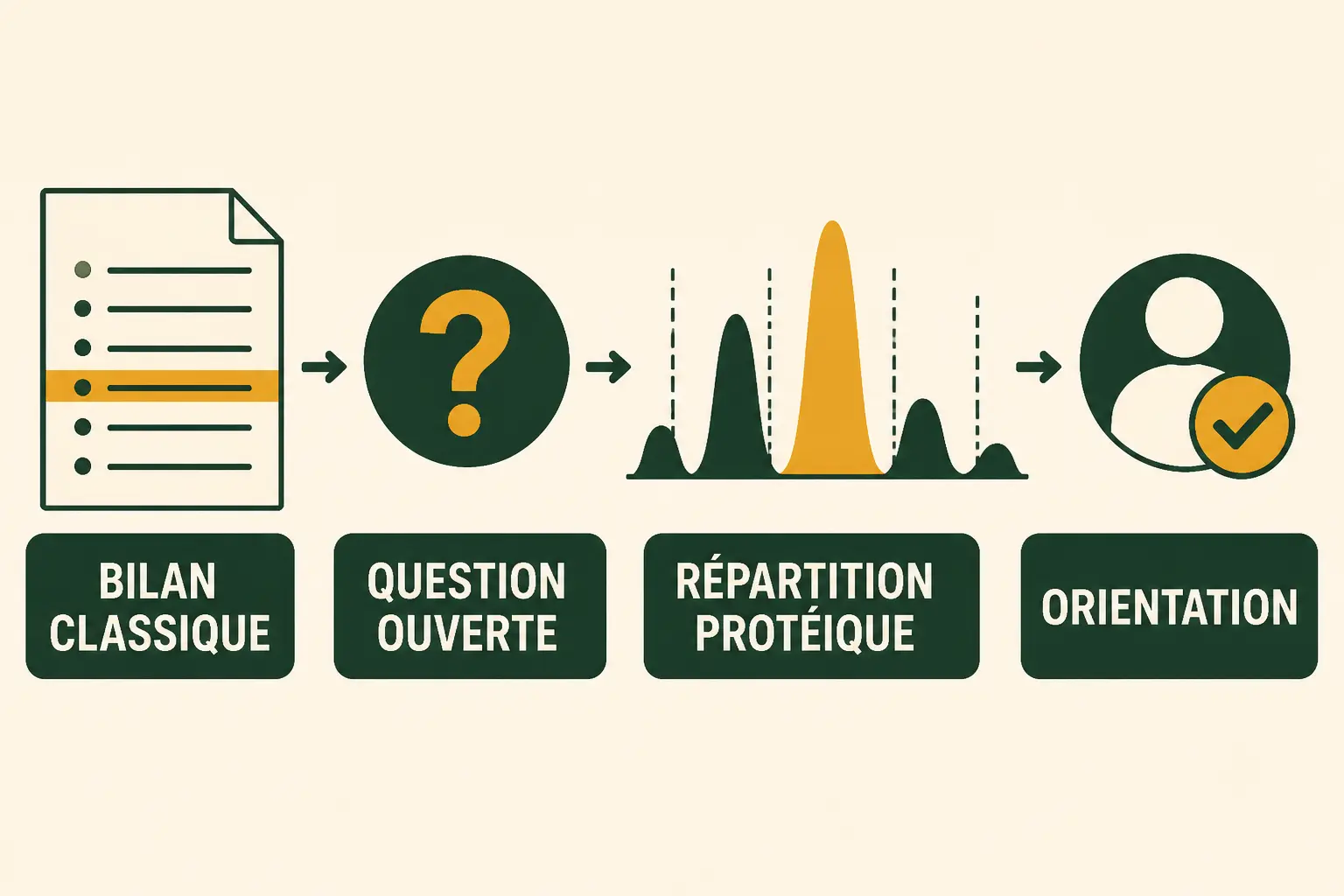 Schéma éditorial expliquant l’epp prise de sang : bilan classique, question ouverte, répartition protéique, orientation.