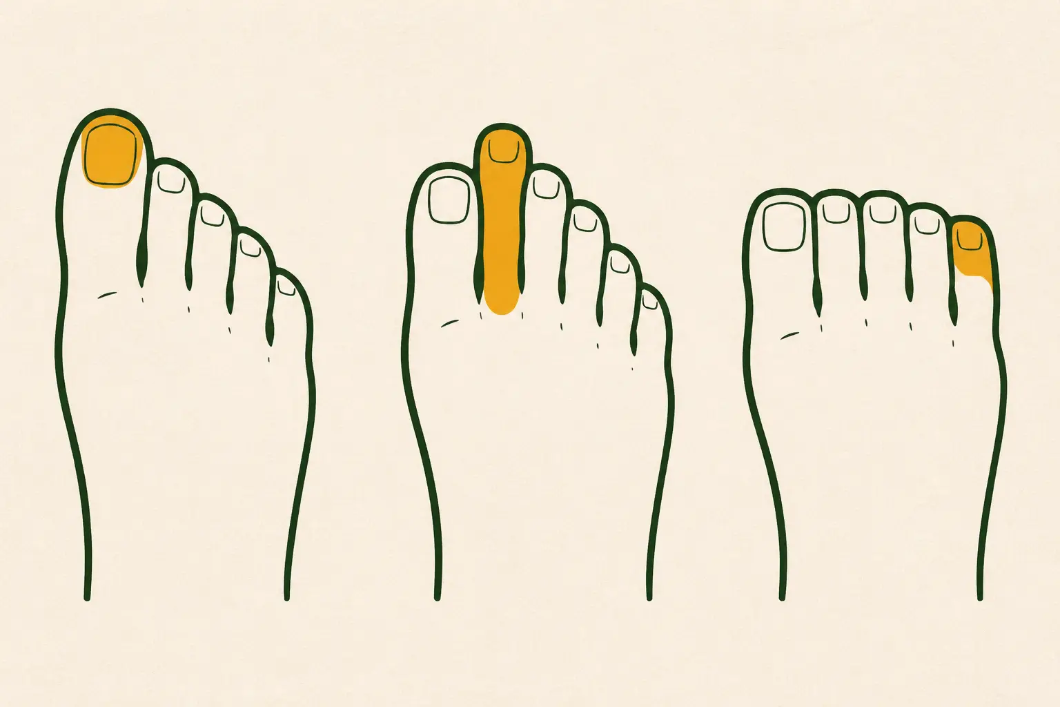Trois silhouettes de pieds illustrant la forme des pieds égyptienne, grecque et carrée, vue de dessus.