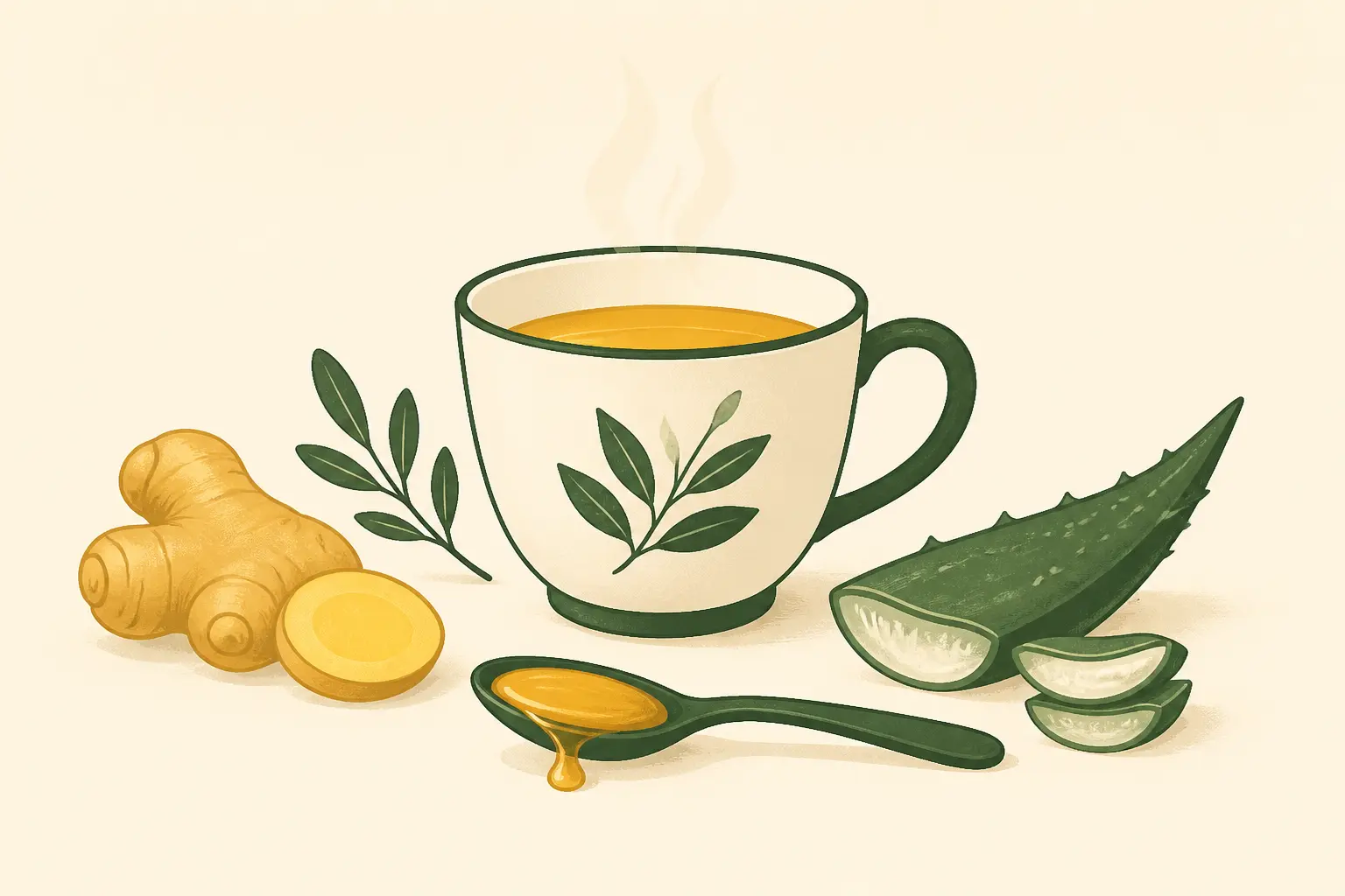 Hernie hiatale remède de grand-mère : tisane, miel, aloe vera et gingembre sur fond clair
