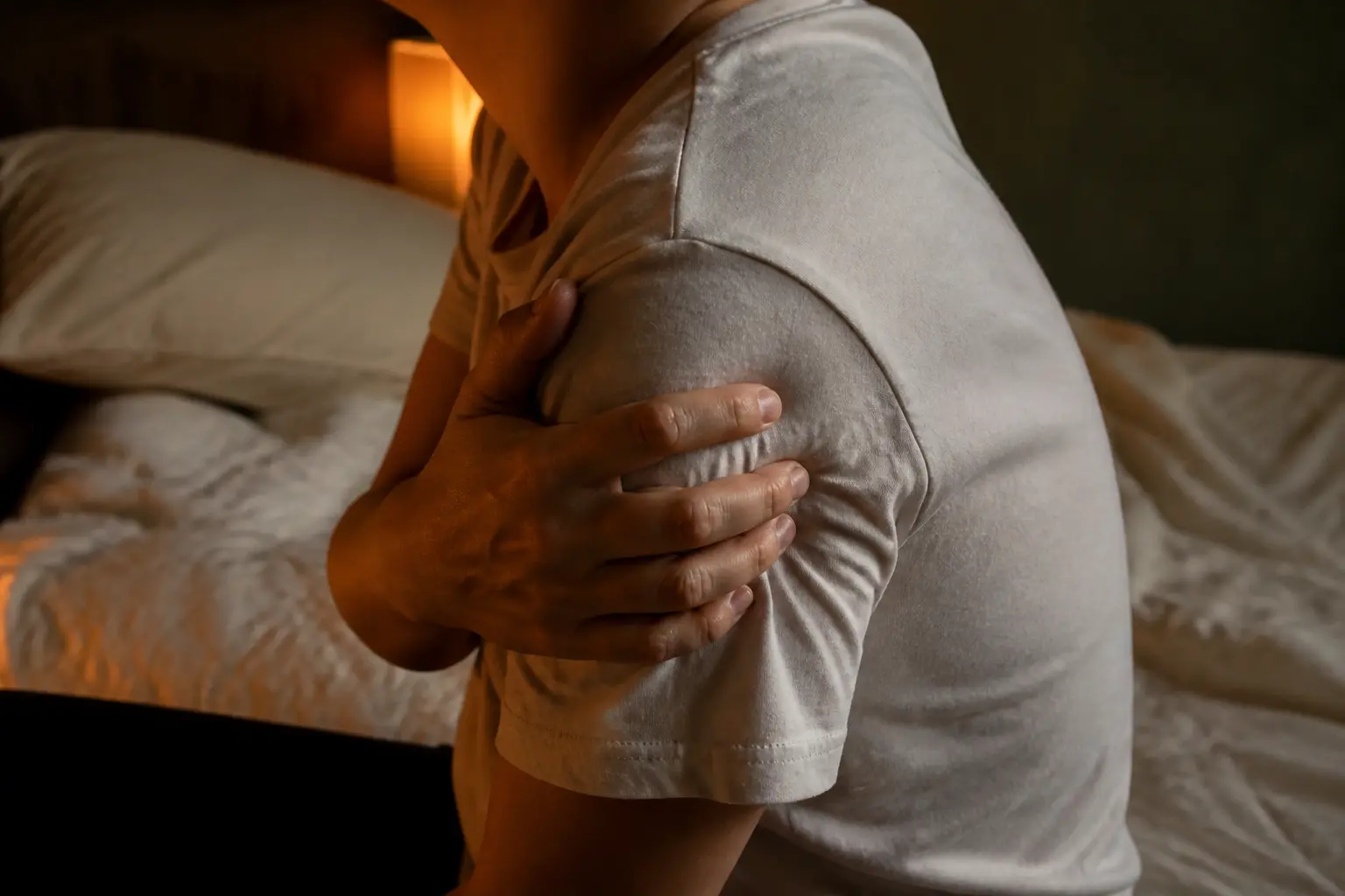 macrocalcification epaule : personne assise au bord du lit, main sur l’épaule, bras bloqué la nuit