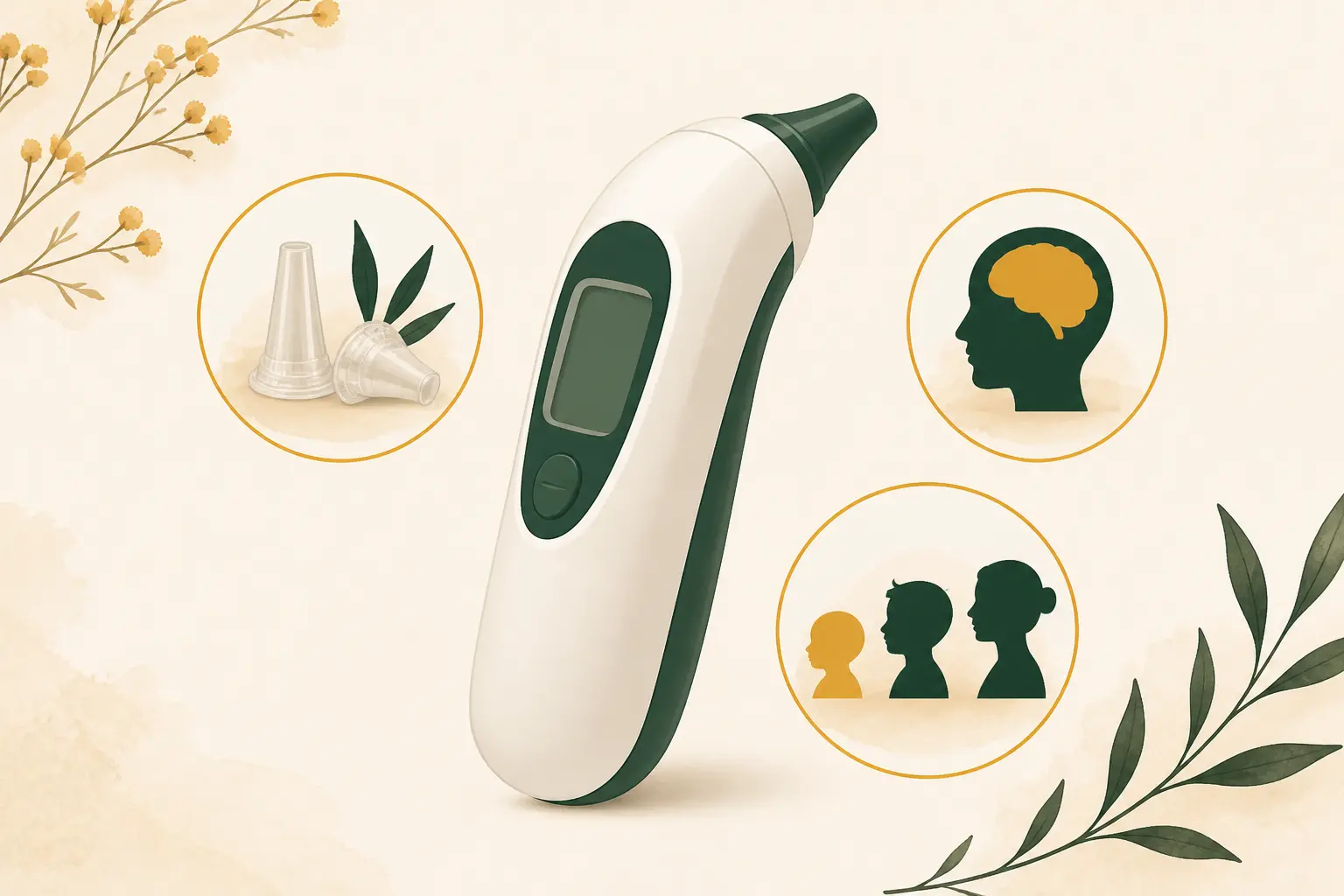 Thermomètre auriculaire infrarouge avec couvre-sonde, icône mémoire et profils bébé, enfant, adulte