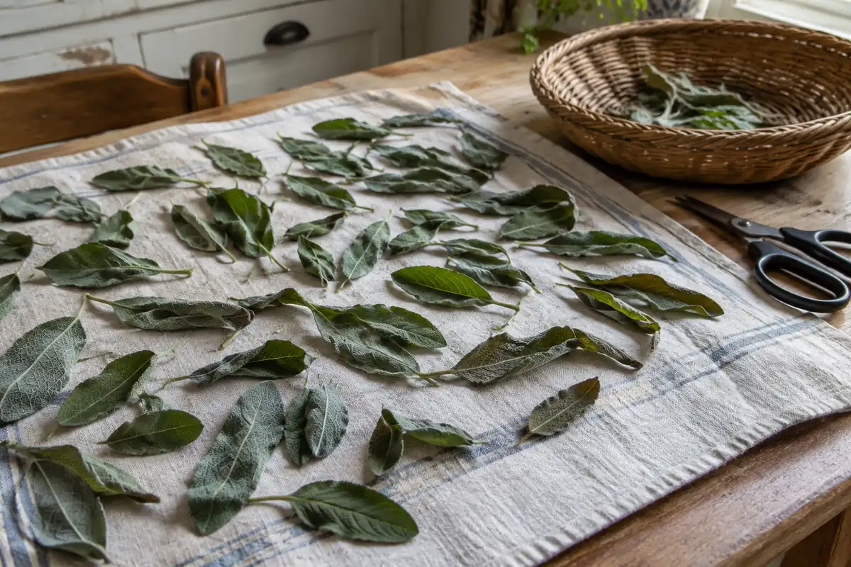 Feuilles de sauge étalées à plat sur un linge pour sécher, près d'un panier et de ciseaux