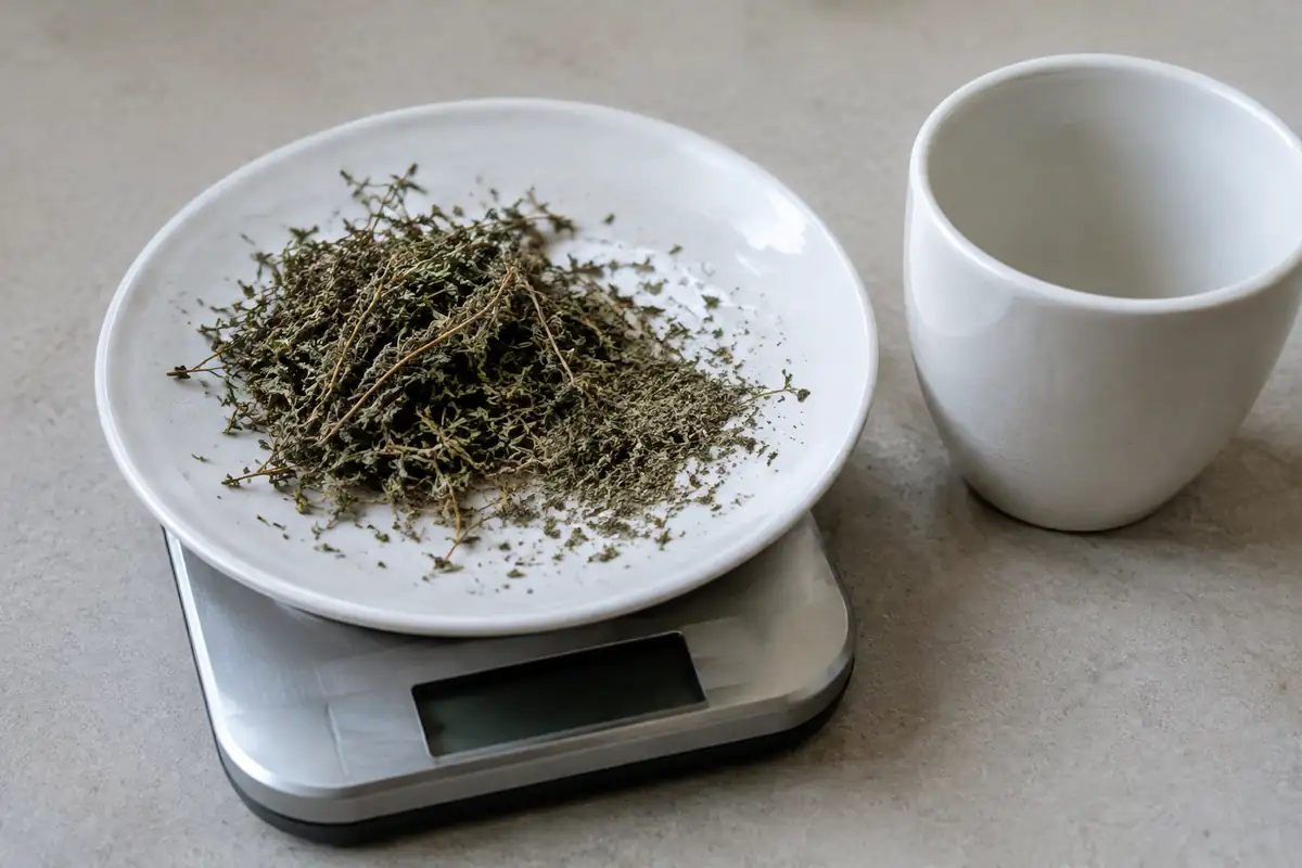 Thym séché émietté posé sur le plateau d'une petite balance de cuisine