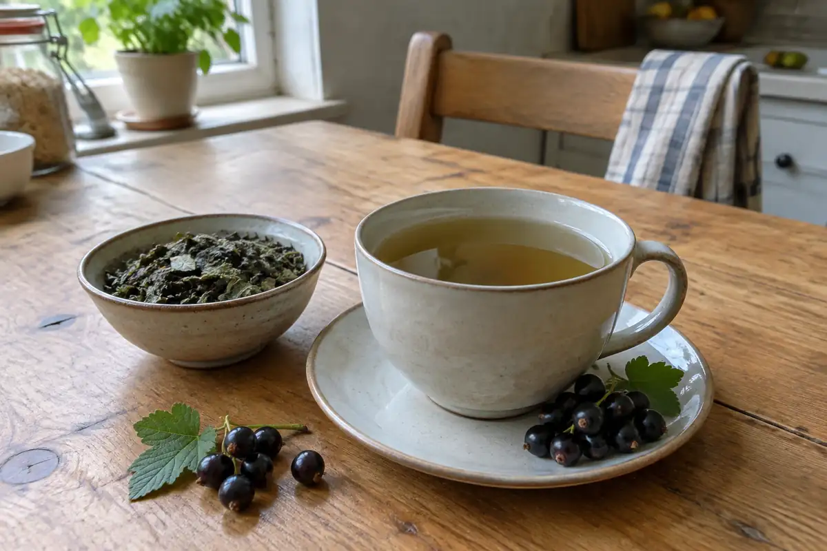 Tasse de tisane à côté d'un bol de feuilles de cassis séchées et de quelques baies