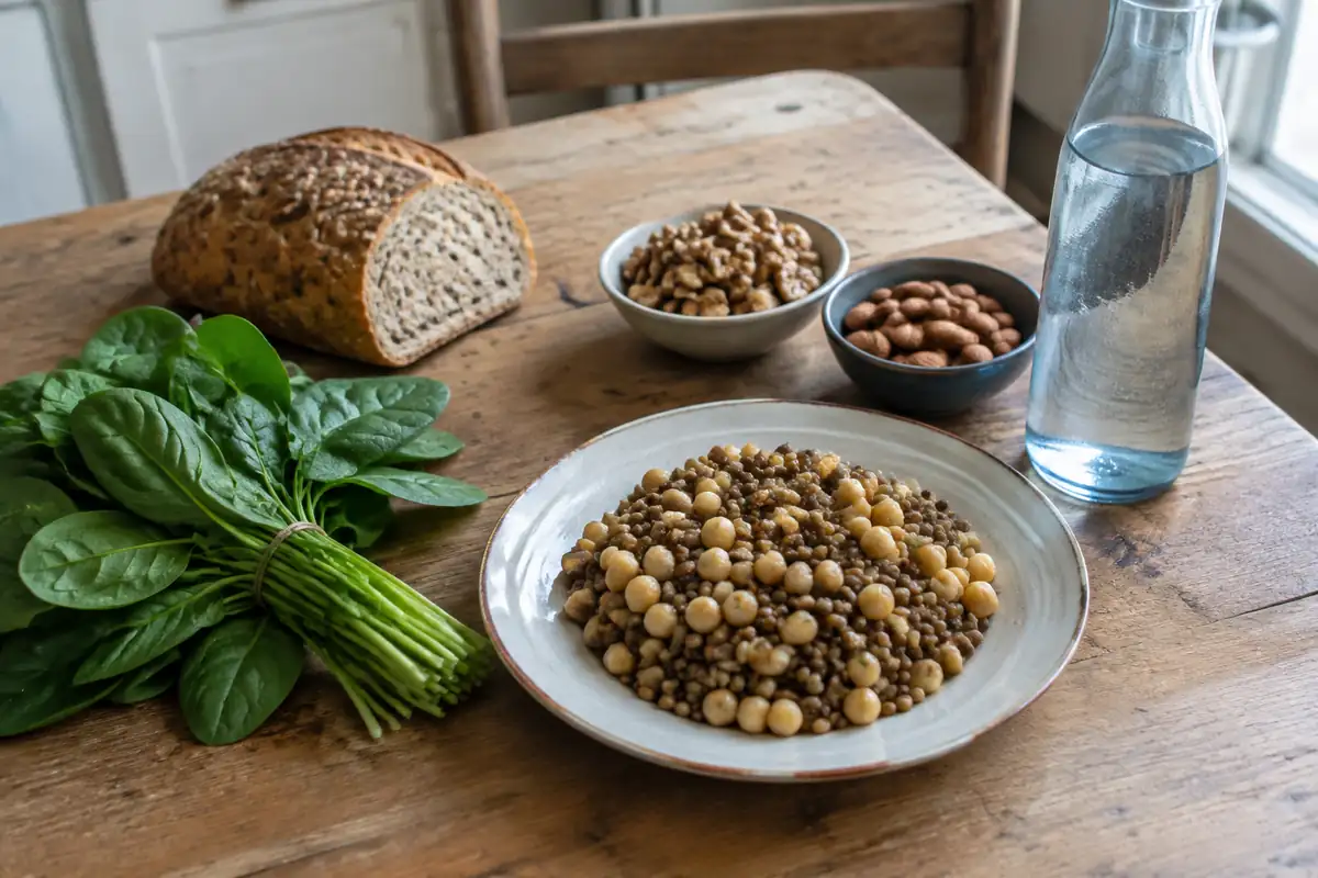 Table de cuisine avec légumineuses, épinards, pain complet, noix, amandes et une bouteille d'eau