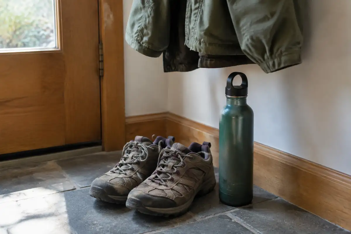 Chaussures de marche et gourde près d'une porte d'entrée
