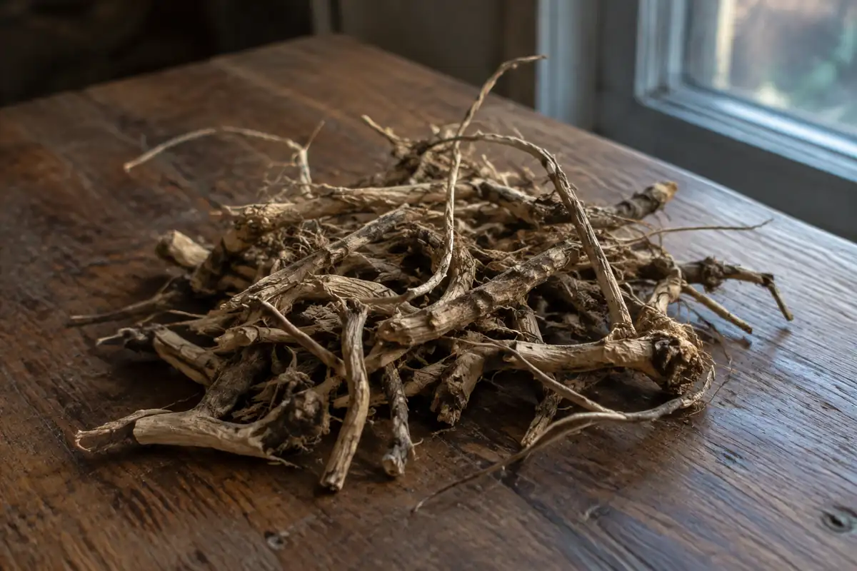Racines de valériane séchées, enchevêtrées, sur une table de cuisine en bois usé
