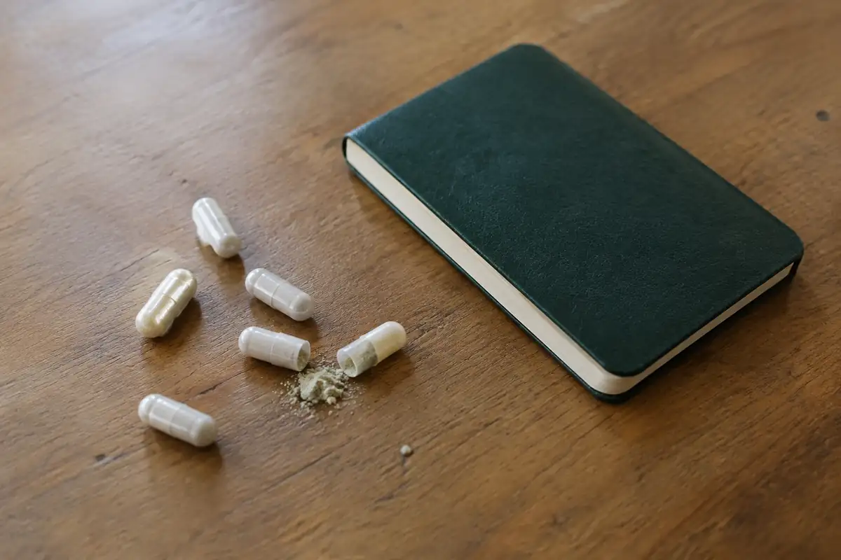 Gélules ouvertes près d'un petit carnet fermé sur une table en bois