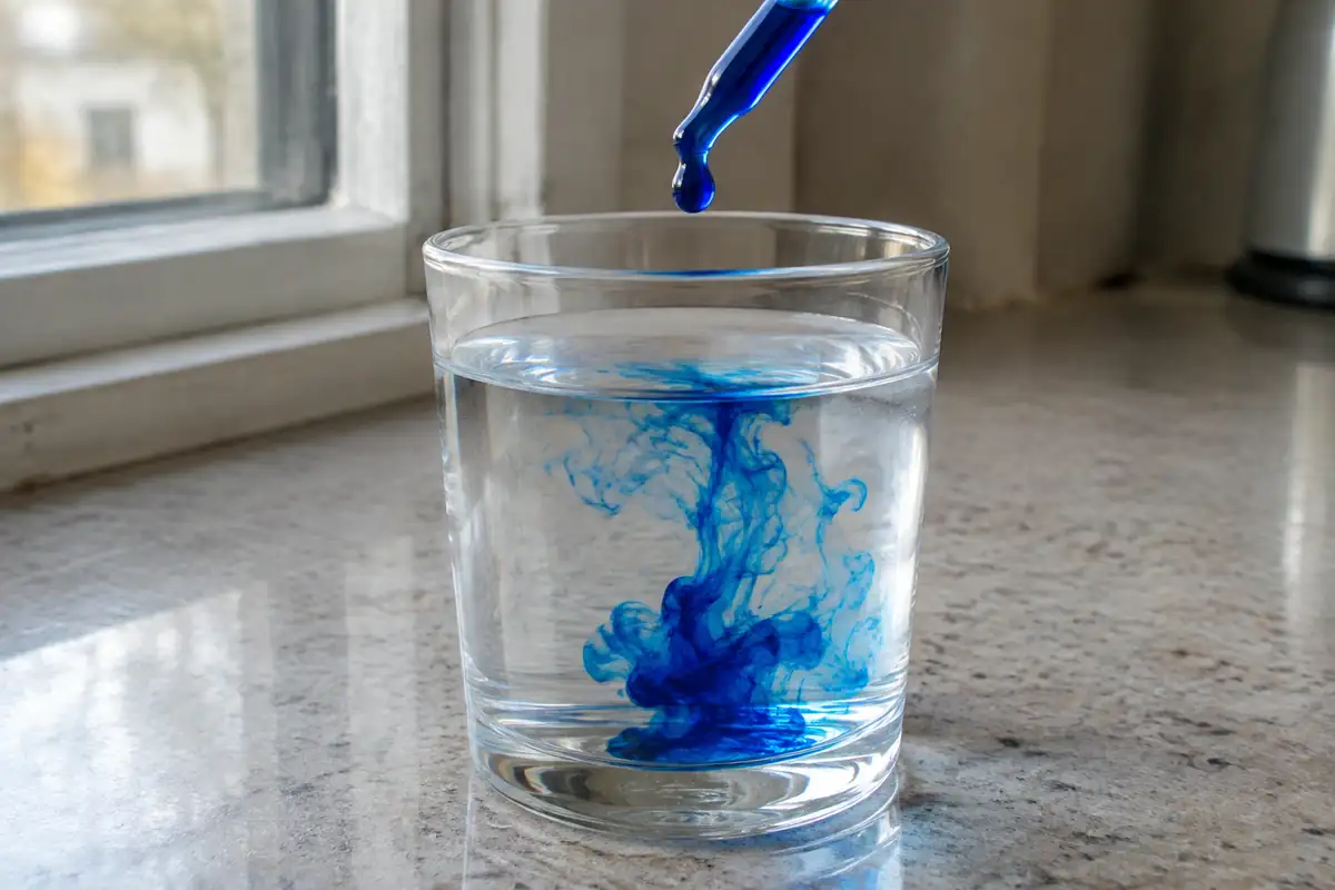 Liquide bleu intense qui se diffuse dans un verre d'eau