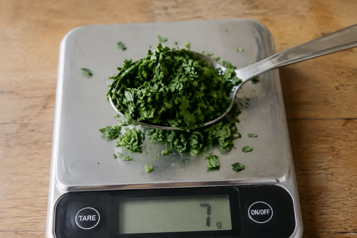 Une cuillère à soupe de persil haché sur le plateau d'une petite balance de cuisine