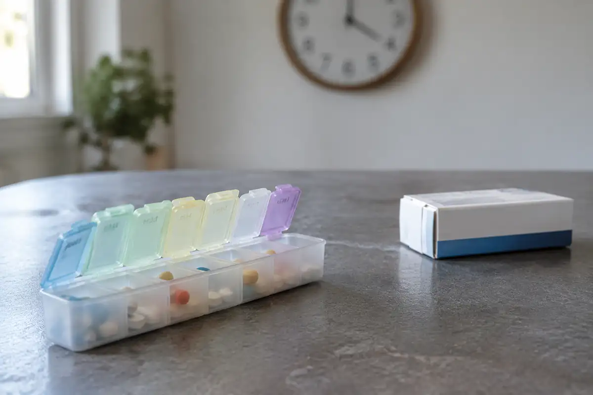 Pilulier et boîte de médicament posés à distance l'un de l'autre