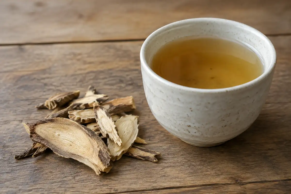 Tasse de tisane et racines séchées tranchées sur une table en bois