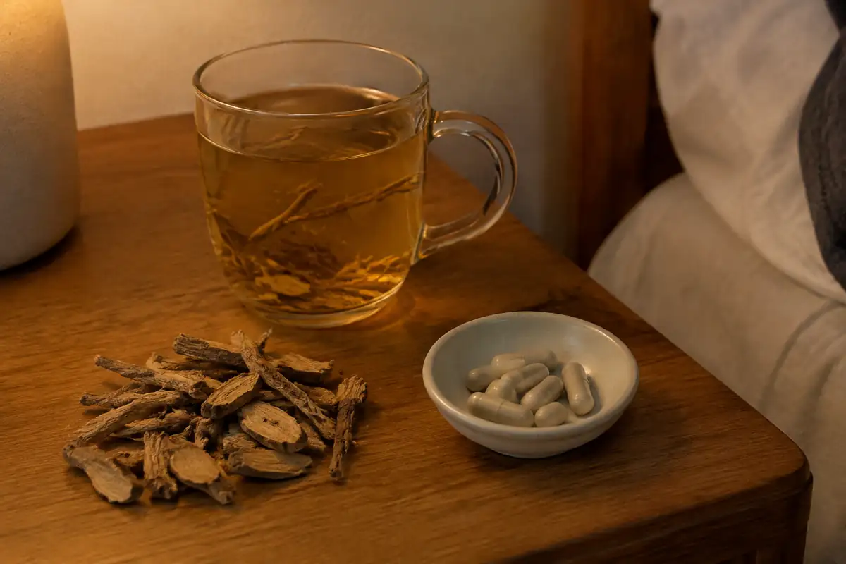 Tasse de tisane, morceaux de racine séchée et capsules beiges dans une petite coupelle sur une table de chevet